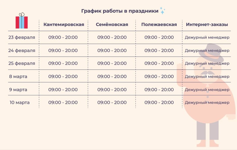 График работы 8 марта (23 февраля)